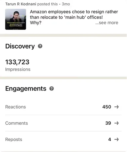 LinkedIn post by Tarun R Kodnani with 133,723 impressions