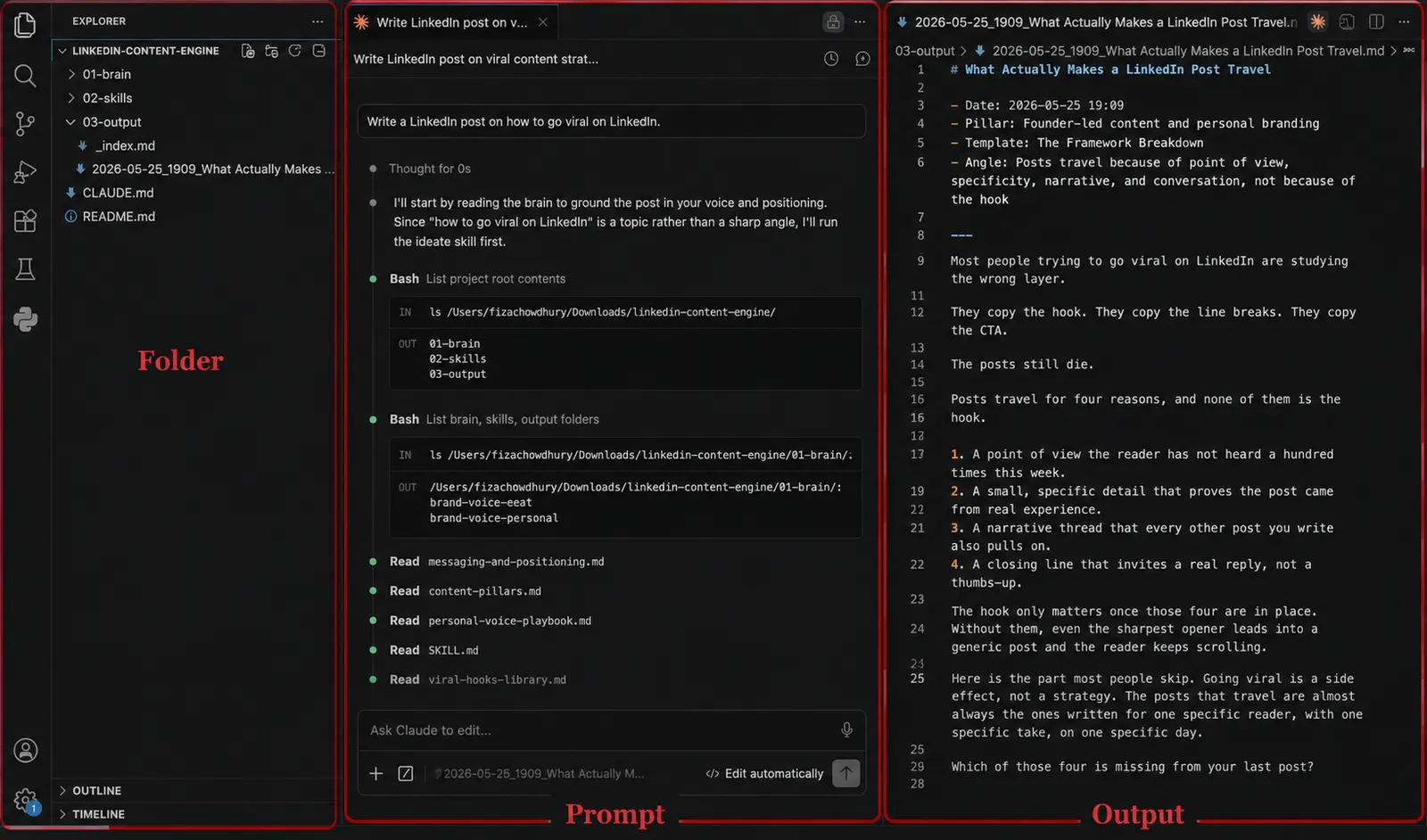 Snap of Claude code LinkedIn Content Engine