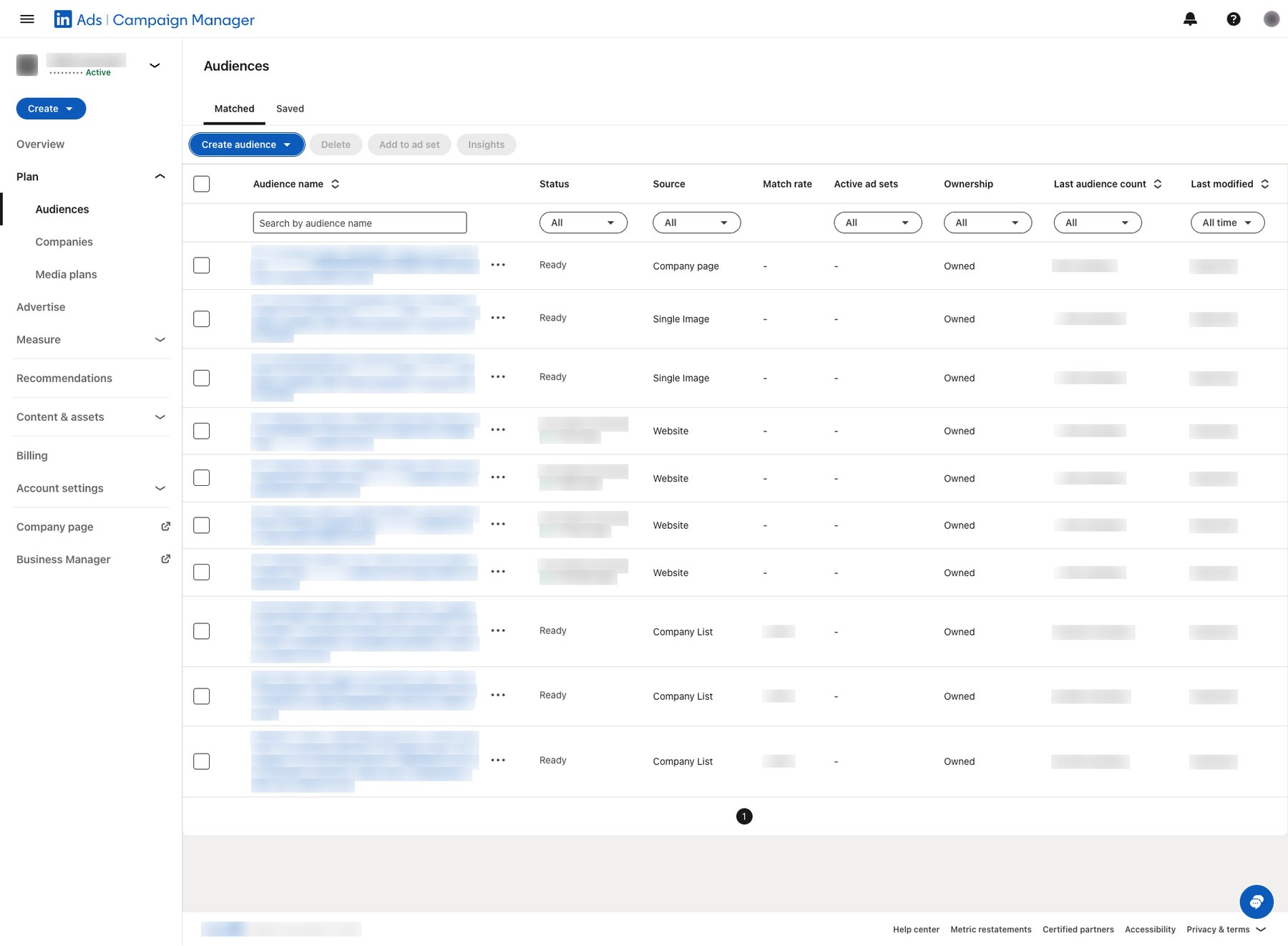 Campaign Manager matched audiences list with company lists, exclusion list and retargeting pools