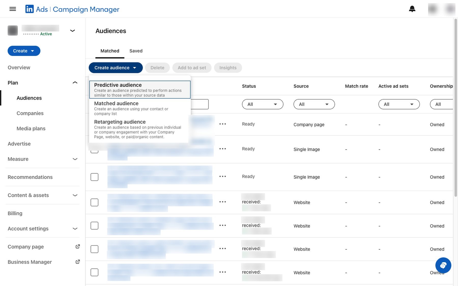 Campaign Manager Create audience menu with Matched audience option