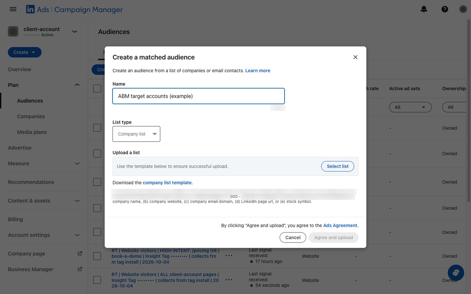 Campaign Manager company list upload dialog