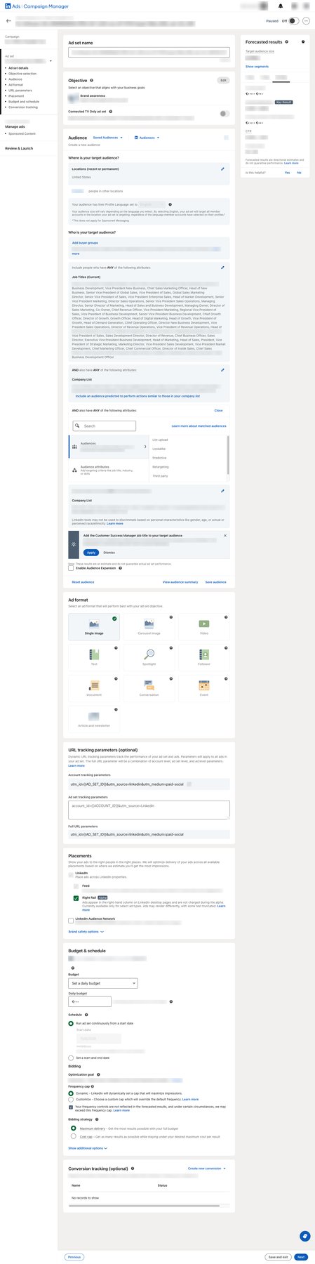 Campaign Manager ad set targeting with company list, job titles, exclusion list and forecast